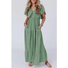 Grass Green Textured V Neck Flutter Sleeve Ruffled Maxi Dress