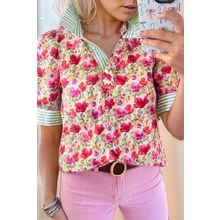 Red Floral Print Striped Patchwork Collared Short Sleeve Blouse