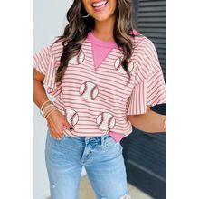 Sachet Pink Sequin Baseball Pattern Striped Ruffle Sleeve Round Neck Knit Top