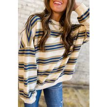 Khaki Stripe Crew Neck Drop Shoulder Pullover Sweatshirt