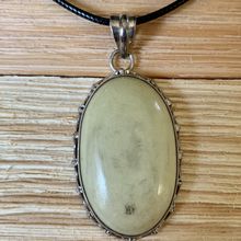 Yellow Serpentine Pendant Necklace 925 Silver Oval Cabochon Adjustable Chain 20"