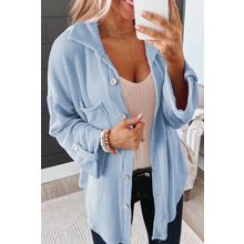 Sky Blue Roll Tab Sleeve Ribbed Cording Shacket