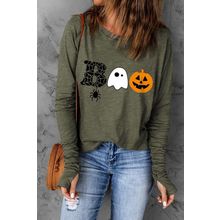 Green Halloween BOO Print Long Sleeve Graphic T Shirt