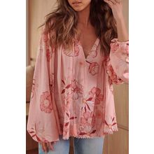 Multicolor Floral Tasseled V Neck Puff Sleeve Blouse