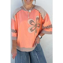 Grapefruit Orange Plaid Waffle Flower Patchwork Bracelet Sleeve Top