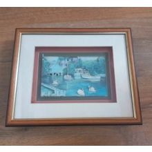 Vintage 3D effect Swans and Cruiser boats on river Picture framed