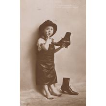 Child Trying On Old High Heels Leather Boots Shoes RPC Postcard