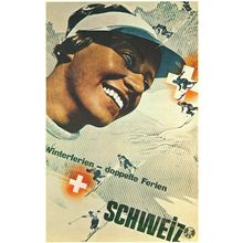Schweiz Winterferien Doppelte Ferien 1934 Skiing Swiss Poster Postcard