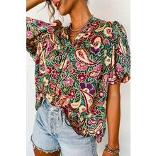 Green V Neck Short Bubble Sleeve Paisley Blouse