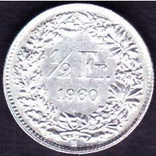 1960 B Switzerland 1 Half Franc Silver Coin