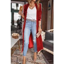 Red Velvet Open Front Pocketed Long Duster