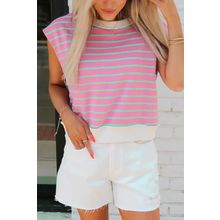 Sachet Pink Striped Crew Neck Cap Sleeve T Shirt