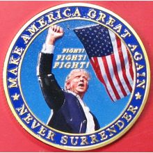 Trump Never Surrender. Challenge Coin. 1.50" Gold Tone. 77b.