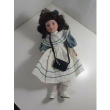 JC Penney Collector's Porcelain Girl Doll 15" gray Eyes dark brown hair 1992
