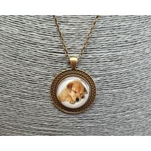 Cute Peaceful Sleeping Puppy Dog Glass Cabochon Pendant Bronze Necklace Gift