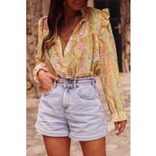 Yellow Paisley Print Ruffled Trim Boho Shirt