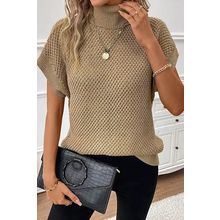Pale Khaki Turtleneck Textured Short Sleeve Sweater