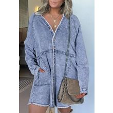 Beau Blue Mineral Wash Long Sleeve Button Up Raw Hem Pocketed Denim Dress