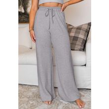 Gray Waffle Knit Drawstring High Waist Wide Leg Pants