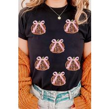 Black Sequin Bow Pumpkin Patched Cotton Blend T Shirt