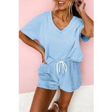 Myosotis V Neck Drop Shoulder Tee and Patchwork Drawstring Shorts Set