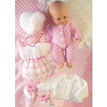 Doll Baby 36cm Knitting Pattern 5 Piece Set 8ply Pink Icing/White Frosting