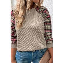Apricot Plus Size Plaid Raglan Sleeve Crew Neck Sweatshirt