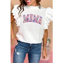 White MAMA Leopard Embroidered Layered Scalloped Sleeve Top