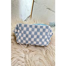 Sky Blue Checkered Knitted Zipper Makeup Bag