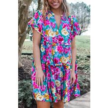 Green Rose Floral Print Ruffled Short Dress