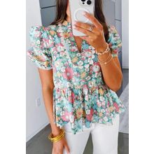 Multicolour Notched Neck Puff Short Sleeve Floral Blouse