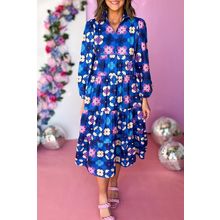 Blue Floral Peasant Sleeve Tiered Ruffle Midi Dress