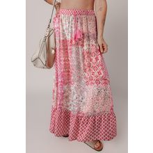 Red Boho Pattern Print Tassel Drawstring High Waist Maxi Dress