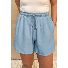 Beau Blue Washed Chambray Drawstring Elastic Waist Plus Size Shorts