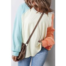 Yellow Cream Colorblock Patchwork Crew Neck Long Sleeve Top