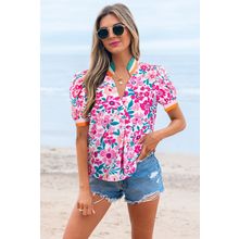 Pink Floral Print Contrast Striped Detail Short Sleeve Blouse