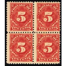 J64, Mint NH 5¢ Block of Four Postage Due Stamps SCV $130.00 .. Stuart Katz