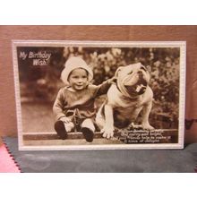 a BIRTHDAY WISH .used vintage postcard RP 1928 pm CHILD WITH BULLDOG