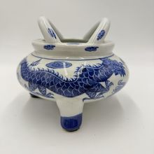 Vtg Quainlong Chinese Incense Burner Bowl Porcelain Marked Dragons Tripod Handle