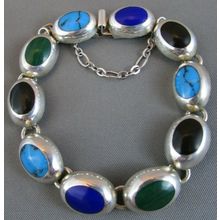 Vintage TAXCO Sterling Silver 10 Gemstone inlay BARCELET 26.8 Grams 7" STUNNING