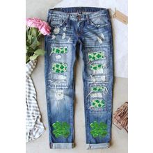 Sky Blue St. Patricks Clover Patchwork Sequin Distressed Jeans
