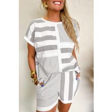 Gray Stripe Mixed Print Short Sleeve Top and Pocketed Shorts Set
