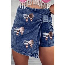 Sail Blue High Waist USA Flag Inspire Bow Patched Twisted Denim Skort