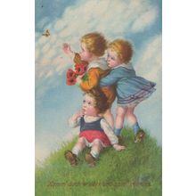 German Children & Poppy Poppies Chasing Butterflies Old Postcard