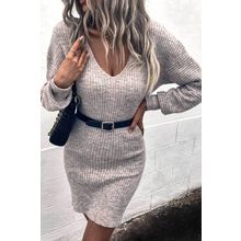 Gray V Neck Bodycon Sweater Dress