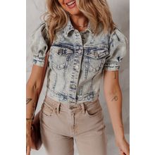 Beau Blue Light Wash Buttoned Chest Pocket Puff Sleeve Denim Jacket