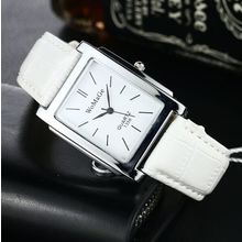 Gents Ladies Square Tank Face Quality White Calfskin Genuine Leather Strap Watch