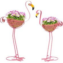 Set of 2 Pink Metal Flamingo Planters with Basket for Indoor Outdoor Garden Yard