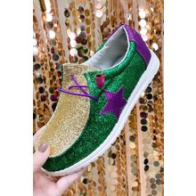 Tillandsia Purple Mardi Gras Star Glitter Color Block Patched Slip On Shoes