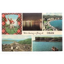 HAVING A FLING AT OBAN, SCOTLAND multiview used vintage postcard 1976 pm =